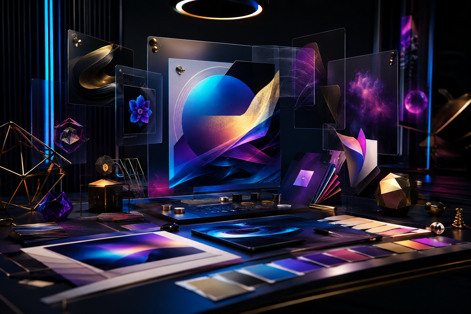 Contoh ruang kerja desain kreatif futuristik dengan warna neon