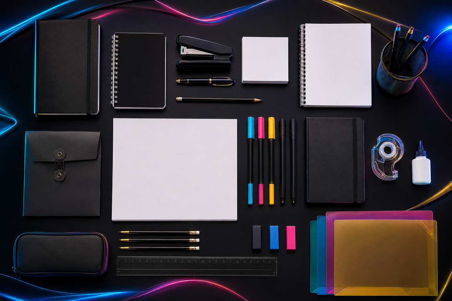 Contoh produk ATK di atas meja studio dengan cahaya neon